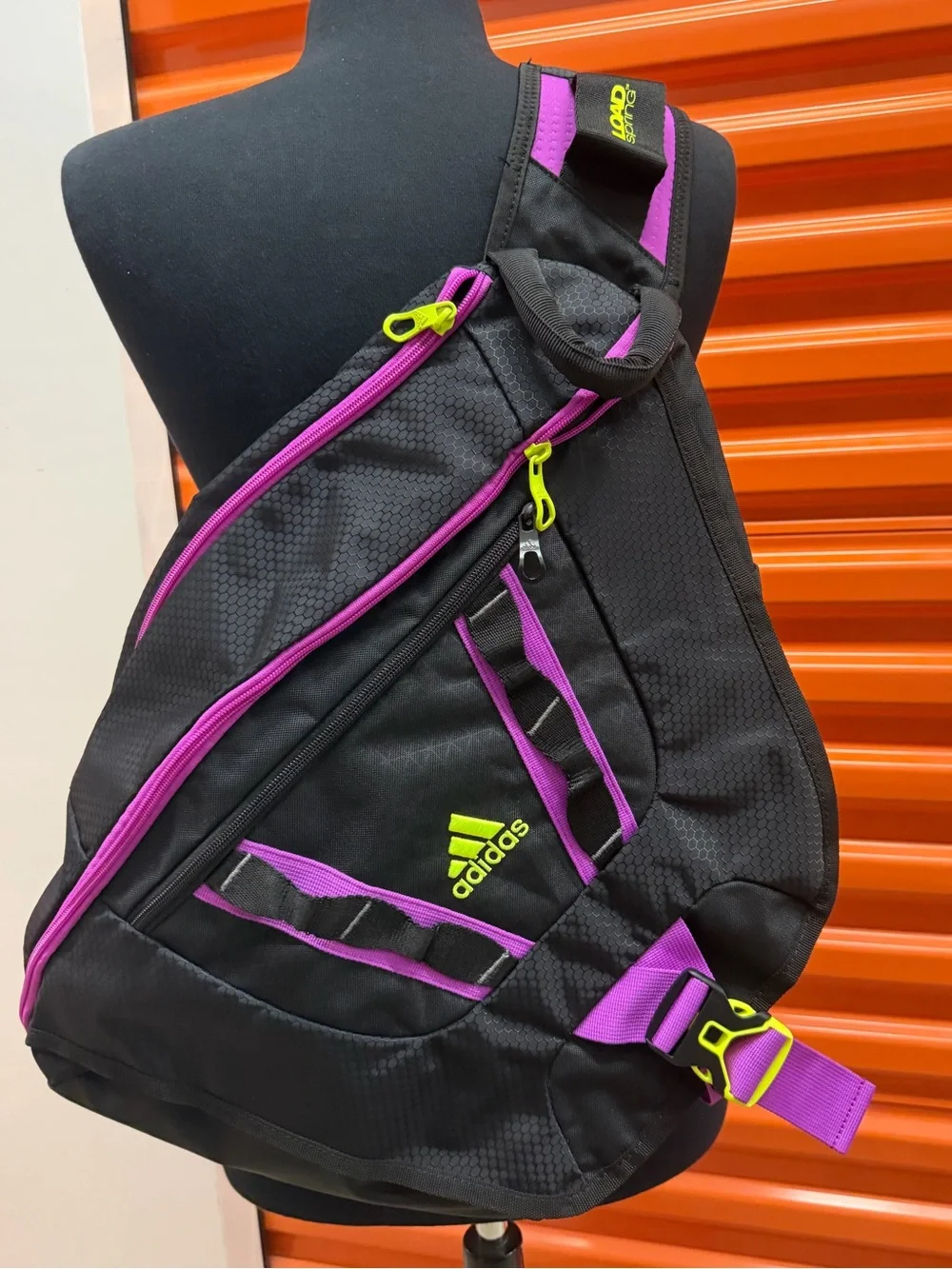 New adidas Black Sling Bag with Purple and Lime Accents